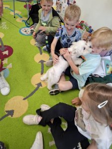 Dzieci siedzą na dywanie w sali oddziału przedszkolnego. Jeden z chłopców przytula pieska, który lizę go po twarzy. Kolega siedzący obok głaszczę zwierzątko.