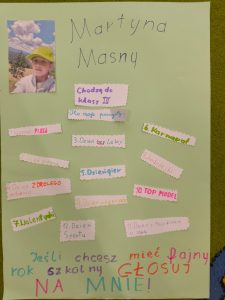 Plakat na zielonej kartce. U góry zdjęcie dziewczynki w zielonej czapce. Obok napis: „Martyna Masny. Chodzę do klasy III. Oto moje pomysły:”. Propozycje wypisane są na wyciętych kolorowych karteczkach: Klasaowa pizza Dzień piżamy Dzień bez lekcji Dzień zdrowego jedzenia Dzień gier Karnawał Walentynki Andrzejki Dzień w kapciach Top Model Dzień z telefonem w szkole Dzień sportu Na dole kolorowy napis: „Jeśli chcesz mieć fajny rok szkolny, głosuj na mnie!”.