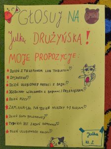 Plakat na żółtej kartce. U góry duży napis: „Głosuj na Julkę Drużyńską!”. Po bokach rysunki zwierzątek i emotikonów, głównie kotków. Pod spodem napis: „Moje propozycje:” oraz lista: Dzień z telefonem lub tabletem Dyskoteka Dzień ulubionej postaci z bajki 3-godzinny wieczorek z bajkami i przekąskami Dzień pizzy Zamiana sal na 1 dzień między klasami 1–3 Dzień gumy balonowej Tydzień bez zadań domowych Dzień ulubionego koloru Na dole podpis: „Julka kl. 2”.