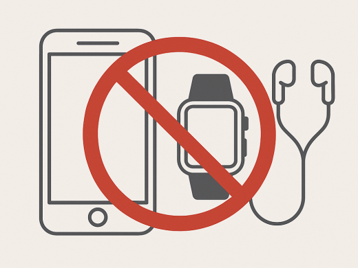 Grafika przedstawia minimalistyczny rysunek telefonu komórkowego, smartwatcha i słuchawek, na które nałożony jest czerwony znak zakazu. Ilustracja utrzymana jest w neutralnych barwach z jasnym tłem, symbolizując zakaz używania sprzętów elektronicznych w szkole.