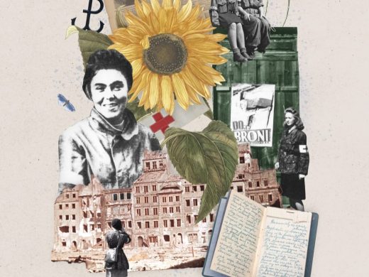 Kolaż zdjęć przedstawiający symbole związane z Powstaniem Warszawskim oraz akcją BohaterON. Widać m.in. grafikę z powstańcami, historyczne budynki Warszawy, notatnik, plakat propagandowy oraz duży słonecznik.