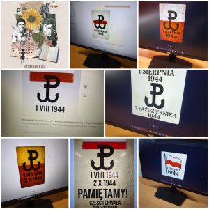 Kolaż zdjęć przedstawiających ekran komputera z grafikami upamiętniającymi Powstanie Warszawskie. Na ekranach widoczne są symbole Polski Walczącej oraz daty 1 sierpnia 1944 i 2 października 1944, a także biało-czerwone motywy i hasła patriotyczne. W jednej z grafik znajduje się również flaga Polski. Na początku kolażu umieszczona jest grafika akcji „BohaterON w Twojej Szkole”, zawierająca historyczne fotografie powstańców, budynki Warszawy po zniszczeniach oraz symbol Polski Walczącej.