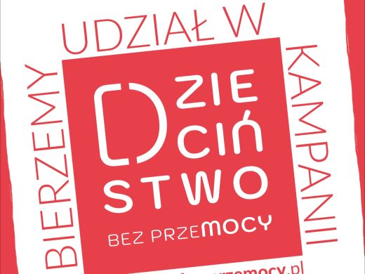 Fragment grafiki kampanii „Dzieciństwo bez przemocy”. Widoczny czerwony kwadrat z białym napisem „Dzieciństwo bez przemocy”