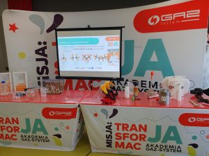 Uczniowie szkoły podstawowej w białych fartuchach laboratoryjnych uczestniczą w warsztatach naukowych na sali teatralnej. Na stołach znajdują się zestawy doświadczalne, naczynia laboratoryjne, balony i przyrządy pomiarowe. W tle widoczny jest ekran z prezentacją edukacyjną dotyczącą gazów i reakcji chemicznych.