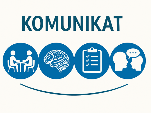 Grafika z napisem ‘KOMUNIKAT’ umieszczonym centralnie u góry. Pod nim znajdują się cztery niebieskie okrągłe ikony: dwie osoby siedzące przy stole, schematyczny rysunek mózgu, clipboard z listą zadań oraz dwie postacie prowadzące rozmowę. Pod ikonami widoczna jest delikatnie wygięta linia dekoracyjna.