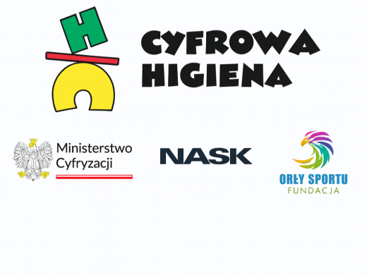 Grafika promocyjna projektu Cyfrowa Higiena. U góry znajduje się kolorowe logo składające się z zielonej litery H, czerwonej belki i żółtego półokręgu. Po prawej stronie widnieje napis ‘Cyfrowa Higiena’ czarną, pogrubioną czcionką. U dołu umieszczono trzy logotypy partnerów: Ministerstwa Cyfryzacji z godłem Polski, NASK oraz Fundacji Orły Sportu z kolorową sylwetką orła.