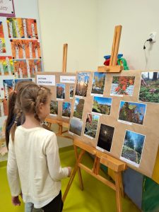 Dwie dziewczynki oglądają zdjęcia przyrodnicze na planszach ustawionych na sztalugach podczas wystawy pokonkursowej zatytułowanej ‘Jesień w obiektywie’. W tle widoczne są kolorowe prace plastyczne uczniów.