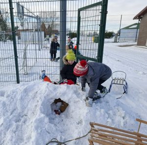 Grupa dzieci bawi się na śniegu przy ogrodzeniu; dzieci kopią i budują tunel w śnieżnej górce, obok leżą sanki.
