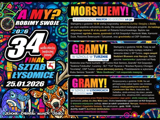 Plakat informacyjny 34. Finału Wielkiej Orkiestry Świątecznej Pomocy, sztab Łysomice. Wydarzenie odbędzie się 25 stycznia 2026 roku. Program obejmuje morsowanie w Kamionkach Małych od godziny 10:30 oraz wydarzenia artystyczne i atrakcje w szkole w Turznie od 14:30 i w szkole w Łysomicach od 15:00. W planie koncerty, występy dzieci, animacje, pokazy, strefy atrakcji, licytacje oraz finałowe wydarzenia wieczorne. Plakat zawiera kolorowe ilustracje zwierząt i motywy graficzne WOŚP.