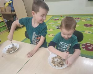 Dwóch uczniów przygotowuje masę z ziaren i smalcu w sali przedszkolnej.