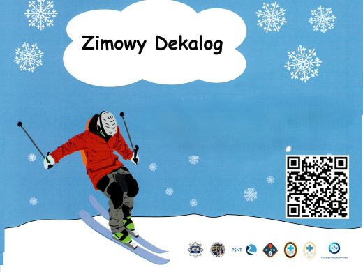 Na niebieskim tle grafika narciarza jadącego po białym stoku. Nad nim w chmurze napis "Zimowy Dekalog". Po prawej stronie kod QR, a u dołu loga patronów konkursu.