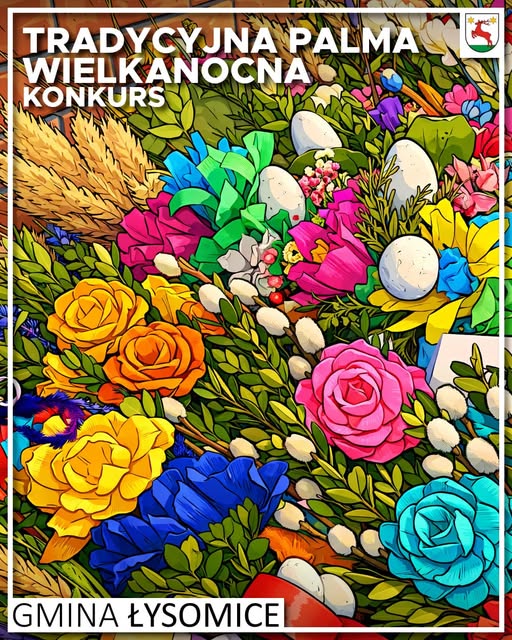 Kolorowa grafika promująca tradycyjny konkurs palm wielkanocnych. Na ilustracji widoczna jest bogato zdobiona palma wielkanocna z kolorowymi kwiatami z bibuły (róże, żółte i niebieskie kwiaty), zielonymi gałązkami, baziami, pisankami oraz kłosami zbóż. W tle znajdują się roślinne ornamenty. Na górze grafiki widnieje napis „Tradycyjna Palma Wielkanocna – Konkurs”, a na dole „Gmina Łysomice”. W prawym górnym rogu znajduje się herb gminy.