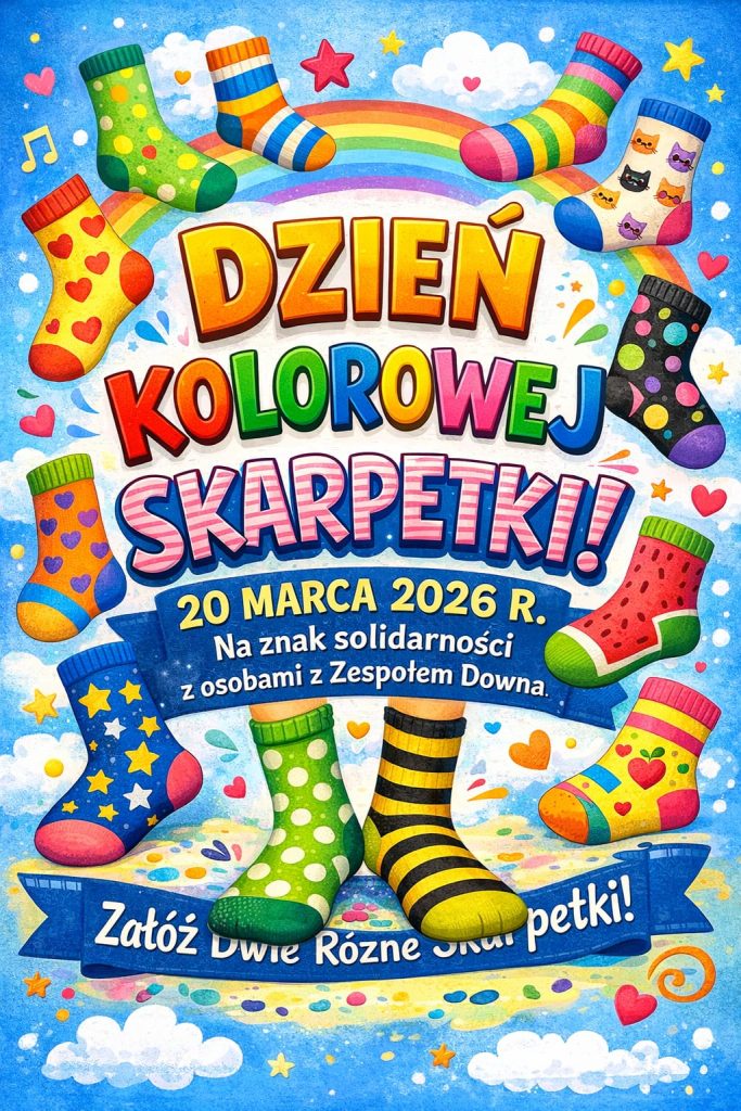 Plakat promujący Dzień Kolorowej Skarpetki. Kolorowe, różnorodne skarpetki na tle tęczy i chmur. Tekst: „Dzień Kolorowej Skarpetki, 20 marca 2026 r. Na znak solidarności z osobami z Zespołem Downa. Załóż dwie różne skarpetki."