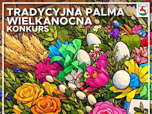 Kolorowa grafika promująca tradycyjny konkurs palm wielkanocnych. Na ilustracji widoczna jest bogato zdobiona palma wielkanocna z kolorowymi kwiatami z bibuły (róże, żółte i niebieskie kwiaty), zielonymi gałązkami, baziami, pisankami oraz kłosami zbóż. W tle znajdują się roślinne ornamenty. Na górze grafiki widnieje napis „Tradycyjna Palma Wielkanocna – Konkurs”. W prawym górnym rogu znajduje się herb gminy.