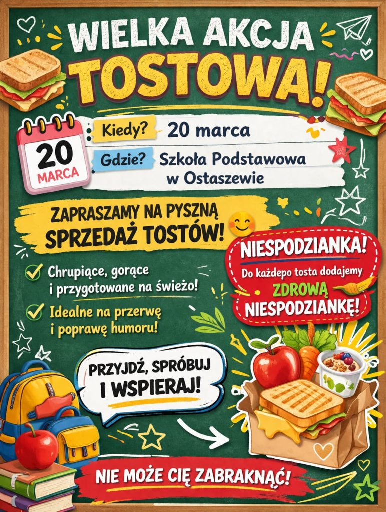 Plakat szkolny informujący o wydarzeniu „Wielka akcja tostowa”. Tekst: „Kiedy? 20 marca. Gdzie? Szkoła Podstawowa w Ostaszewie. Zapraszamy na pyszną sprzedaż tostów. Chrupiące, gorące i przygotowane na świeżo. Idealne na przerwę i poprawę humoru. Niespodzianka – do każdego tosta dodajemy zdrową przekąskę. Przyjdź, spróbuj i wspieraj. Nie może Cię zabraknąć.” Ilustracje tostów, owoców i szkolnych akcesoriów.