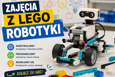 Miniatura promująca zajęcia z robotyki LEGO. Po prawej stronie widoczny jest zbudowany z klocków LEGO robot na kołach, ustawiony na stole w jasnej, nowoczesnej sali edukacyjnej. W tle rozmyte grafiki symbolizujące naukę i kreatywność (np. żarówki, schematy). Po lewej stronie znajdują się duże, wyraźne napisy w języku polskim: „ZAJĘCIA Z LEGO ROBOTYKI”. Poniżej trzy punkty z ikonami: „KONSTRUUJEMY – budujemy z klocków LEGO” „PROGRAMUJEMY – ożywiamy nasze roboty” „ROZWIJAMY SIĘ – kreatywnie i przez zabawę!” Na dole widoczne hasło zachęcające: „DOŁĄCZ DO NAS!”. Całość utrzymana w żywej, kontrastowej kolorystyce (niebieski, żółty, biały), o nowoczesnym i przyjaznym charakterze skierowanym do dzieci i młodzieży.