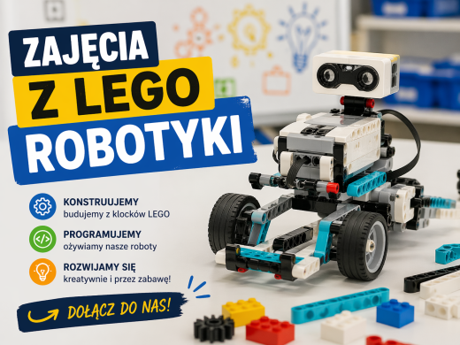 Miniatura promująca zajęcia z robotyki LEGO. Po prawej stronie widoczny jest zbudowany z klocków LEGO robot na kołach, ustawiony na stole w jasnej, nowoczesnej sali edukacyjnej. W tle rozmyte grafiki symbolizujące naukę i kreatywność (np. żarówki, schematy). Po lewej stronie znajdują się duże, wyraźne napisy w języku polskim: „ZAJĘCIA Z LEGO ROBOTYKI”. Poniżej trzy punkty z ikonami: „KONSTRUUJEMY – budujemy z klocków LEGO” „PROGRAMUJEMY – ożywiamy nasze roboty” „ROZWIJAMY SIĘ – kreatywnie i przez zabawę!” Na dole widoczne hasło zachęcające: „DOŁĄCZ DO NAS!”. Całość utrzymana w żywej, kontrastowej kolorystyce (niebieski, żółty, biały), o nowoczesnym i przyjaznym charakterze skierowanym do dzieci i młodzieży.