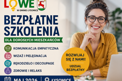 Miniatura promująca bezpłatne szkolenia dla dorosłych mieszkańców gminy Łysomice w maju 2026 roku.