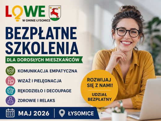 Miniatura promująca bezpłatne szkolenia dla dorosłych mieszkańców gminy Łysomice w maju 2026 roku.