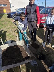 Uczeń wsypuje ziemię do dołka łopatą podczas sadzenia drzewka; obok stoi dorosły opiekun nadzorujący pracę.