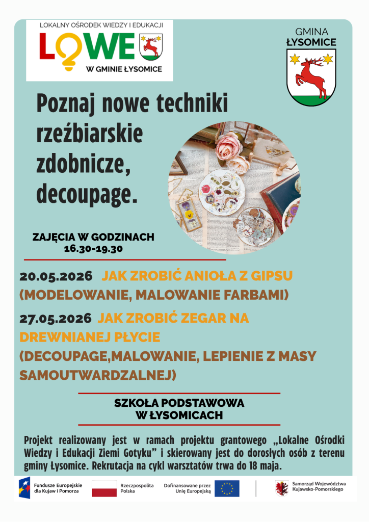 Plakat informujący o bezpłatnych warsztatach rękodzielniczych z rzeźbienia i decoupage w maju 2026 w Łysomicach.