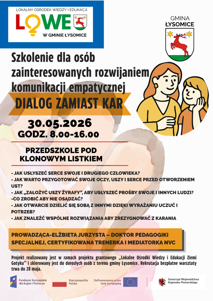 Plakat informujący o bezpłatnym szkoleniu „Dialog zamiast kar” dotyczącym komunikacji empatycznej, organizowanym w gminie Łysomice, 30 maja 2026 roku.