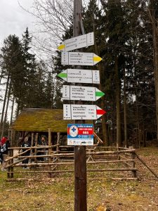 Drogowskazy turystyczne z oznaczeniami szlaków i czasami przejścia w lesie górskim.