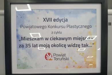 Plansza informacyjna XVI Powiatowego Konkursu Plastycznego z tytułem wydarzenia i logotypem Powiatu Toruńskiego.