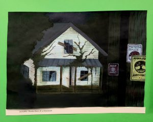 Praca plastyczna przedstawiająca dom nocą z elementami symbolizującymi zagrożenia środowiska.