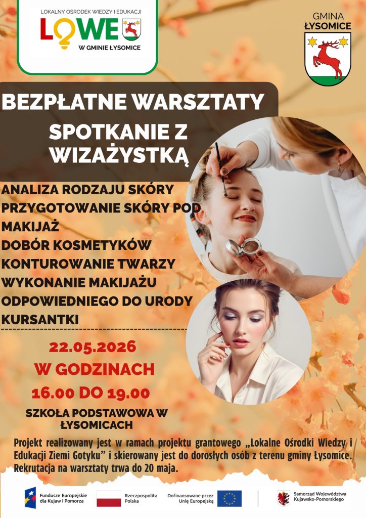 Plakat informujący o bezpłatnych warsztatach z wizażu dla dorosłych mieszkańców gminy Łysomice, 22 maja 2026 roku.