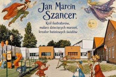 Miniatura promująca Wojewódzki Konkurs Plastyczno-Recytatorski poświęcony Janowi Marcinowi Szancerowi z ilustracyjnymi postaciami baśniowymi na tle szkoły i tytułem wydarzenia.