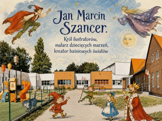 Miniatura promująca Wojewódzki Konkurs Plastyczno-Recytatorski poświęcony Janowi Marcinowi Szancerowi z ilustracyjnymi postaciami baśniowymi na tle szkoły i tytułem wydarzenia.