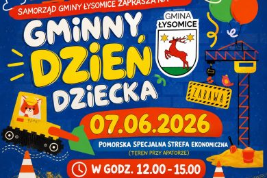 Kolorowa grafika promująca Gminny Dzień Dziecka w Gminie Łysomice z datą 7 czerwca 2026 r., herbem gminy oraz ilustracjami balonów, maszyn budowlanych i elementów zabawy dla dzieci.