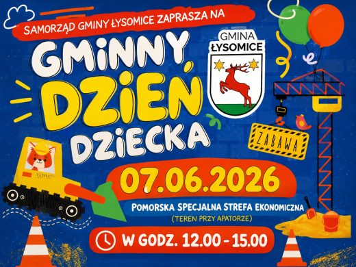 Kolorowa grafika promująca Gminny Dzień Dziecka w Gminie Łysomice z datą 7 czerwca 2026 r., herbem gminy oraz ilustracjami balonów, maszyn budowlanych i elementów zabawy dla dzieci.
