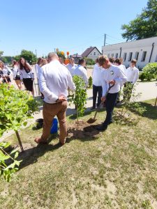 Uczeń klasy ósmej zasypuje ziemią świeżo posadzone drzewko podczas pamiątkowego sadzenia po zakończeniu roku szkolnego. Wokół zgromadzeni są koledzy, koleżanki uczestniczący w uroczystości.