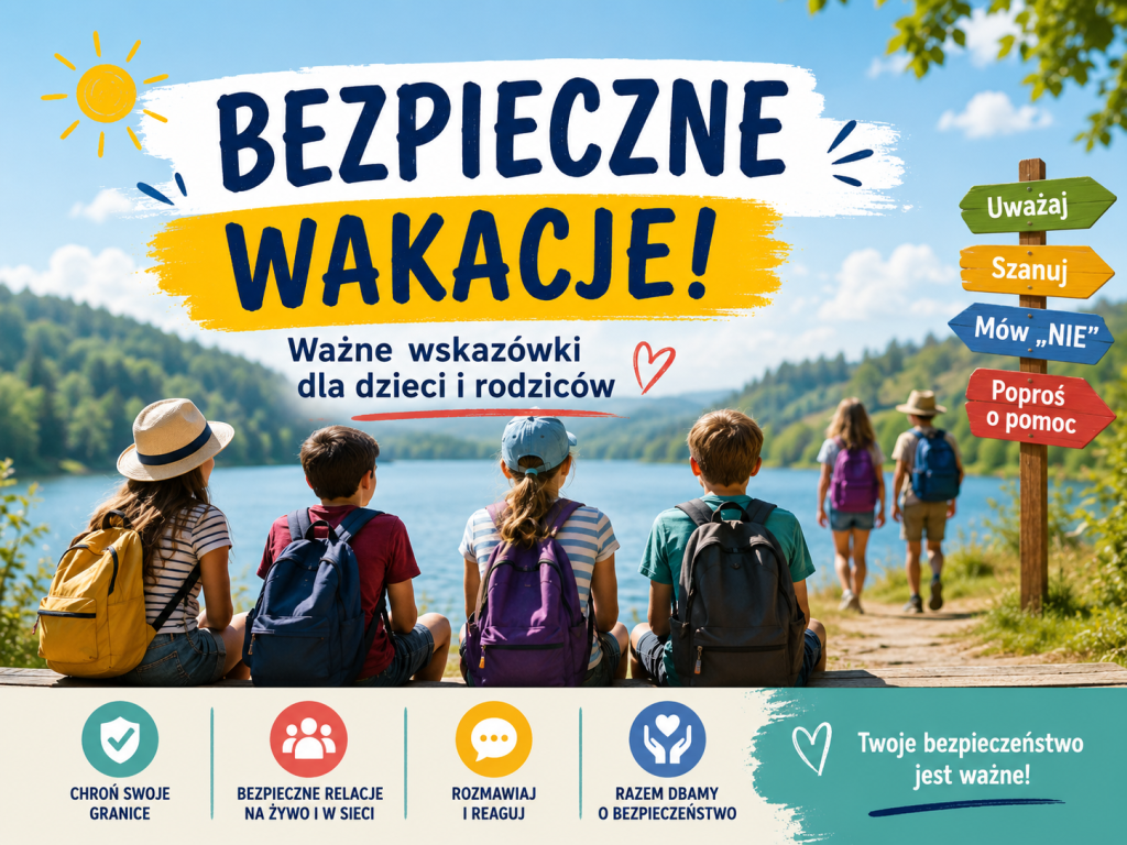 Grafika „Bezpieczne wakacje!” przedstawiająca grupę dzieci i młodzieży z plecakami nad jeziorem. Na drogowskazie widnieją hasła: „Uważaj”, „Szanuj”, „Mów «nie»” i „Poproś o pomoc”. U dołu umieszczono wskazówki: „Chroń swoje granice”, „Bezpieczne relacje na żywo i w sieci”, „Rozmawiaj i reaguj” oraz „Razem dbamy o bezpieczeństwo”. Grafika zachęca dzieci i rodziców do świadomego i bezpiecznego wypoczynku.