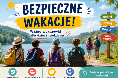 Grafika „Bezpieczne wakacje!” przedstawiająca grupę dzieci i młodzieży z plecakami nad jeziorem. Na drogowskazie widnieją hasła: „Uważaj”, „Szanuj”, „Mów «nie»” i „Poproś o pomoc”. U dołu umieszczono wskazówki: „Chroń swoje granice”, „Bezpieczne relacje na żywo i w sieci”, „Rozmawiaj i reaguj” oraz „Razem dbamy o bezpieczeństwo”. Grafika zachęca dzieci i rodziców do świadomego i bezpiecznego wypoczynku.