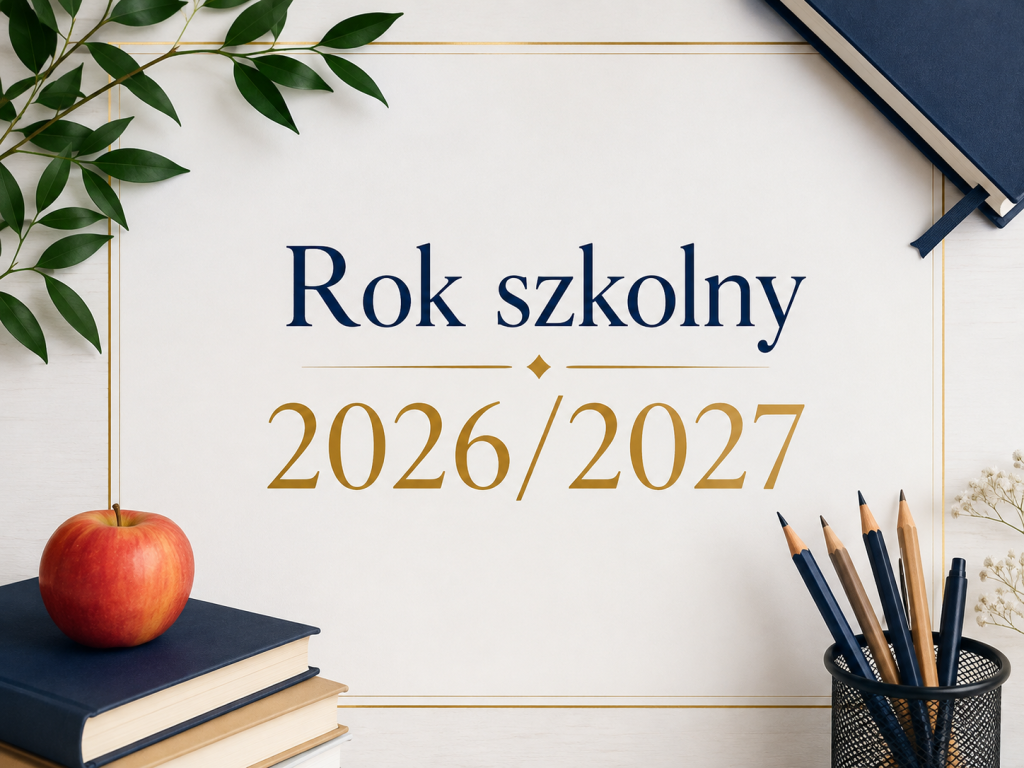 Grafika z napisem „Rok szkolny 2026/2027”, ozdobiona książkami, przyborami szkolnymi i jabłkiem.