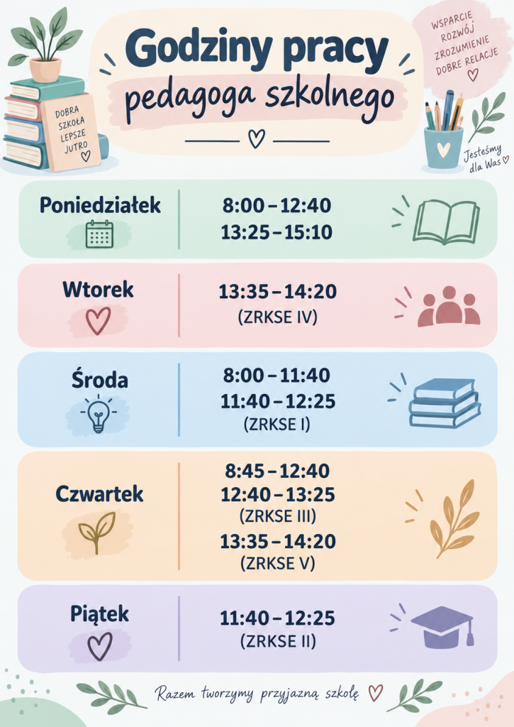 Godziny pracy pedagoga szkolnego: poniedziałek 8:00–12:40 oraz 13:25–15:10; wtorek 13:35–14:20 – ZRKSE IV; środa 8:00–11:40 oraz 11:40–12:25 – ZRKSE I; czwartek 8:45–12:40, 12:40–13:25 – ZRKSE III oraz 13:35–14:20 – ZRKSE V; piątek 11:40–12:25 – ZRKSE II.