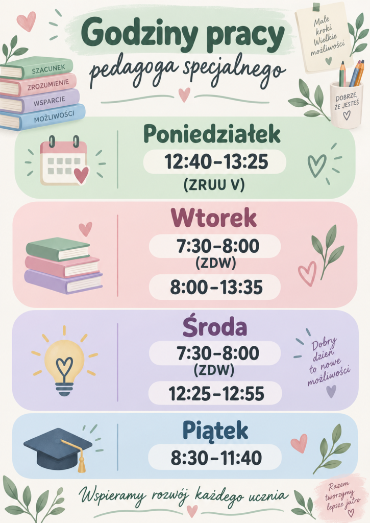 Godziny pracy pedagoga specjalnego: poniedziałek 12:40–13:25 – ZRUU V; wtorek 7:30–8:00 – ZDW oraz 8:00–13:35; środa 7:30–8:00 – ZDW oraz 12:25–12:55; piątek 8:30–11:40.
