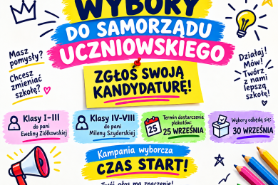 Kolorowa grafika promująca wybory do Samorządu Uczniowskiego.