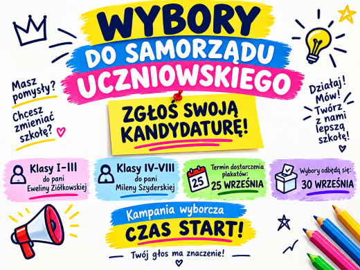 Kolorowa grafika promująca wybory do Samorządu Uczniowskiego.