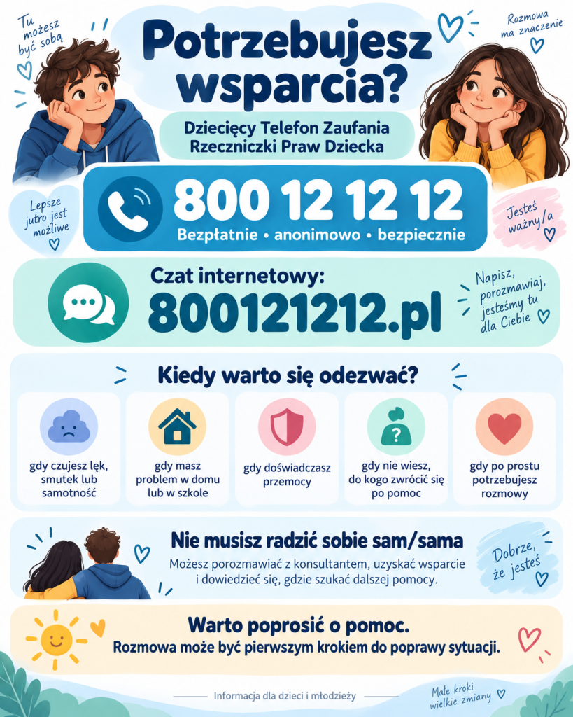 Infografika „Potrzebujesz wsparcia?” – Dziecięcy Telefon Zaufania Rzeczniczki Praw Dziecka: 800 12 12 12 oraz czat internetowy 800121212.pl. Pomoc jest bezpłatna, anonimowa i bezpieczna. Z telefonu lub czatu można skorzystać w przypadku lęku, smutku, samotności, problemów w domu lub szkole, doświadczania przemocy, braku wiedzy, do kogo zwrócić się o pomoc, lub gdy po prostu potrzebuje się rozmowy.