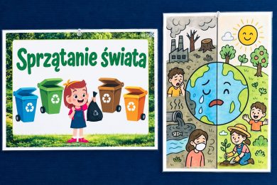 Dwie plansze na granatowym tle. Na pierwszej napis „Sprzątanie świata” oraz dziewczynka z workiem na śmieci stojąca wśród kolorowych pojemników do segregacji. Druga przedstawia Ziemię podzieloną na zanieczyszczoną i zieloną część.