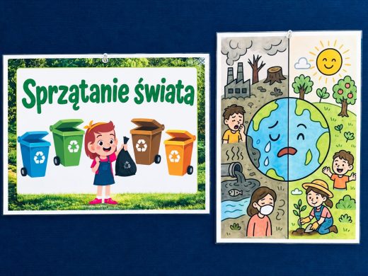 Dwie plansze na granatowym tle. Na pierwszej napis „Sprzątanie świata” oraz dziewczynka z workiem na śmieci stojąca wśród kolorowych pojemników do segregacji. Druga przedstawia Ziemię podzieloną na zanieczyszczoną i zieloną część.