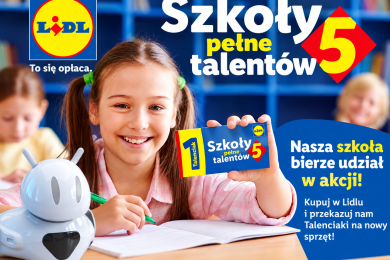„Grafika promująca akcję „Szkoły pełne talentów 5”. Uśmiechnięta uczennica trzyma Talenciaka. Nasza szkoła bierze udział w akcji i zbiera Talenciaki na nowy sprzęt.”