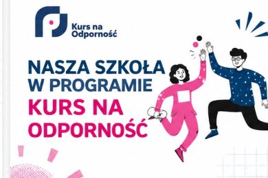 Grafika programu „Kurs na Odporność” z informacją: „Nasza szkoła w programie Kurs na Odporność”