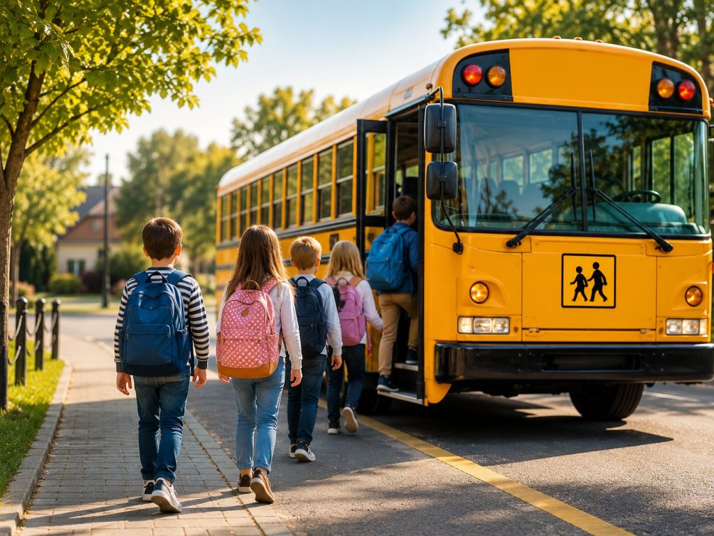 Uczniowie z plecakami wsiadają do szkolnego autobusu stojącego przy przystanku.