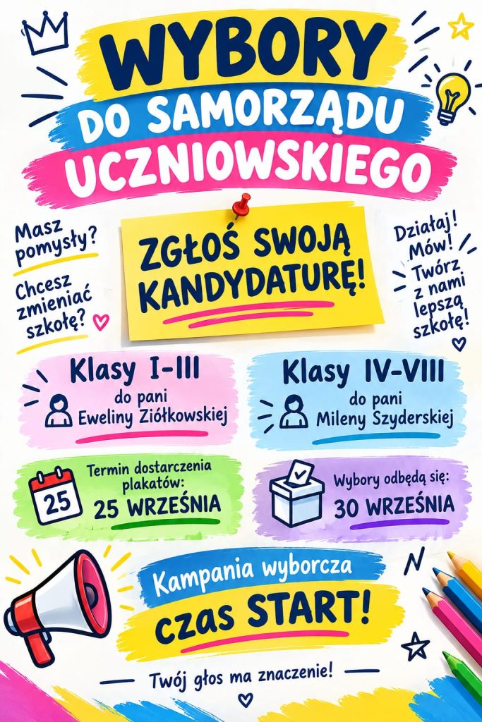 Plakat informujący o wyborach do Samorządu Uczniowskiego. Kandydatury można zgłaszać: uczniowie klas I–III do pani Eweliny Ziółkowskiej, a klas IV–VIII do pani Mileny Szuderskiej. Termin dostarczenia plakatów wyborczych: 25 września. Wybory odbędą się 30 września. Hasła: „Zgłoś swoją kandydaturę!”, „Kampania wyborcza – czas start!” oraz „Twój głos ma znaczenie!”