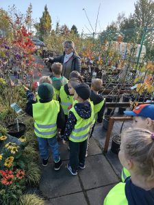 Pracownica centrum ogrodniczego pokazuje dzieciom jesienne rośliny ozdobne. Przedszkolaki przyglądają się kolorowym liściom, kwiatom i krzewom ustawionym w donicach.